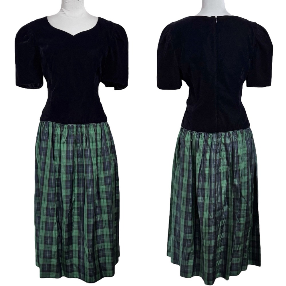 NWT 80s Velvet Tartan Plaid Fit Flare‎ Midi Dress 14 P Puff Sleeve Prom Occasion